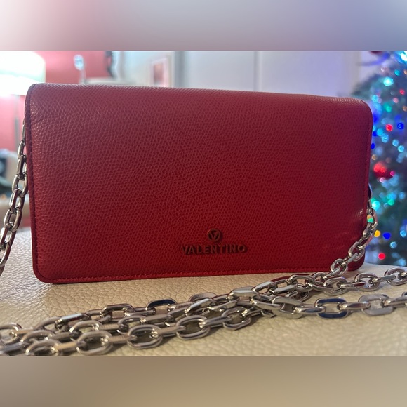 Valentino By Mario Valentino Red Leather Clutch with Silver Chain